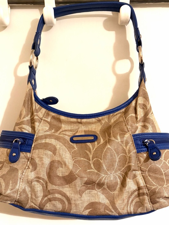 Koltov Handbags - Koltov Beige Floral Shoulder Bag Blue Trim Multi Pocket Hobo